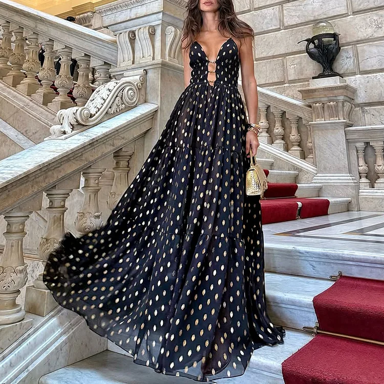 Black and Gold Polka Dots V-neck One Piece Swimsuit and Skirt