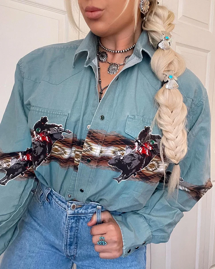 Western Vintage Cowboy Print Long Sleeve Shirt