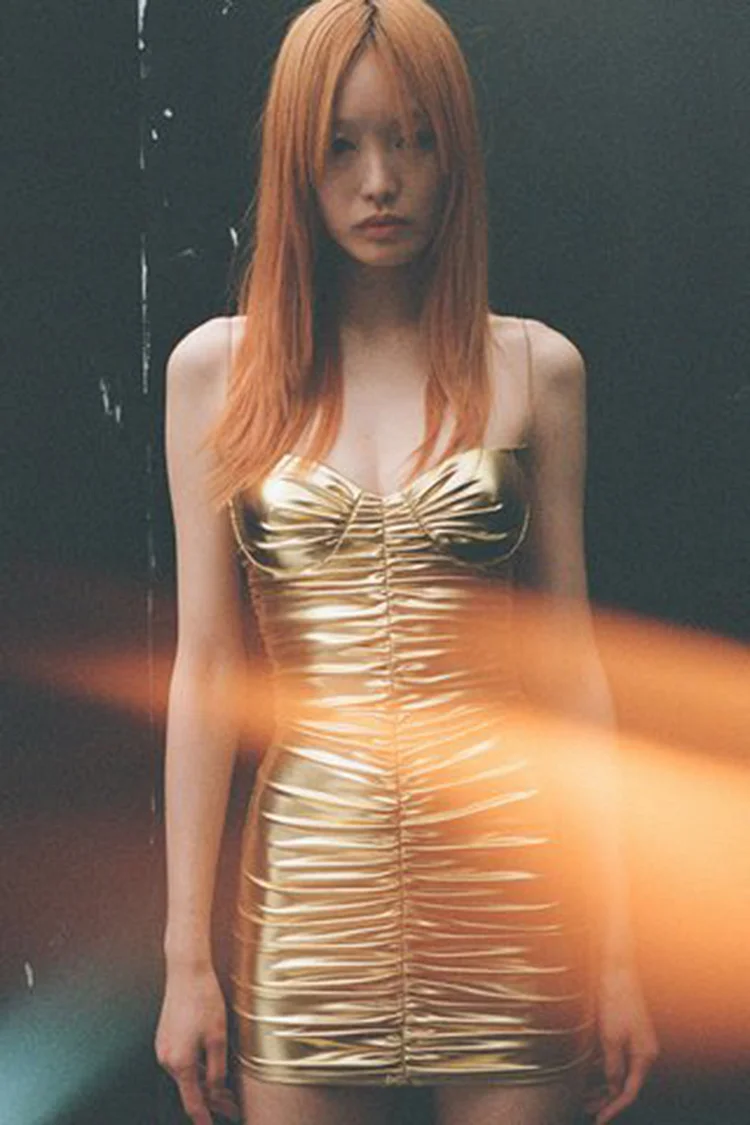 Bodycon Ruched Metallic Cami Mini Dress-Gold