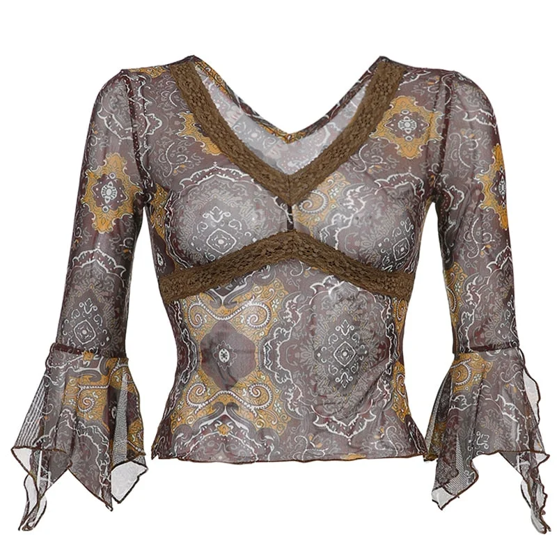 Darlingaga Vintage V Neck Lace Trim Printed Mesh T-shirt Women Grunge Fairycore Crop Top Tee 90s Aesthetic Summer Tshirt New