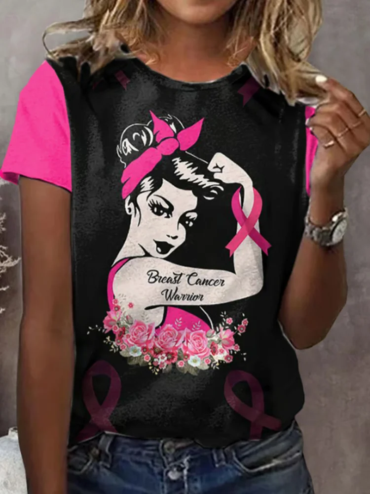 Women's Casual Pink Floral  Awareness Print T-shirt