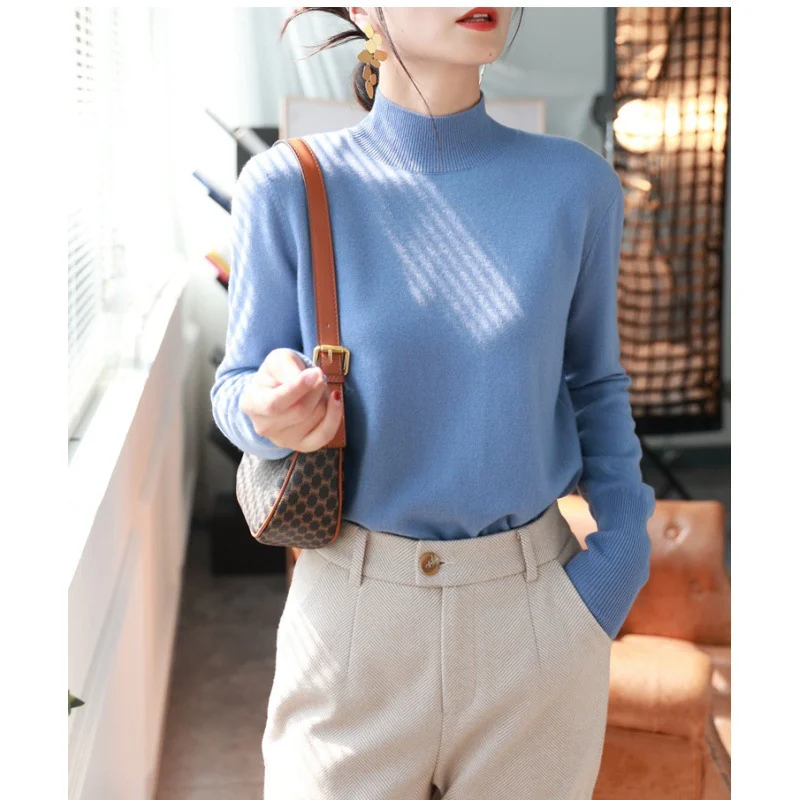 Uveng Uveng Simple Knitted Shirt Inside The Woolen Sweater Thicker Half-High Collared Shirt Sweater Women's Autumn And Winter Top