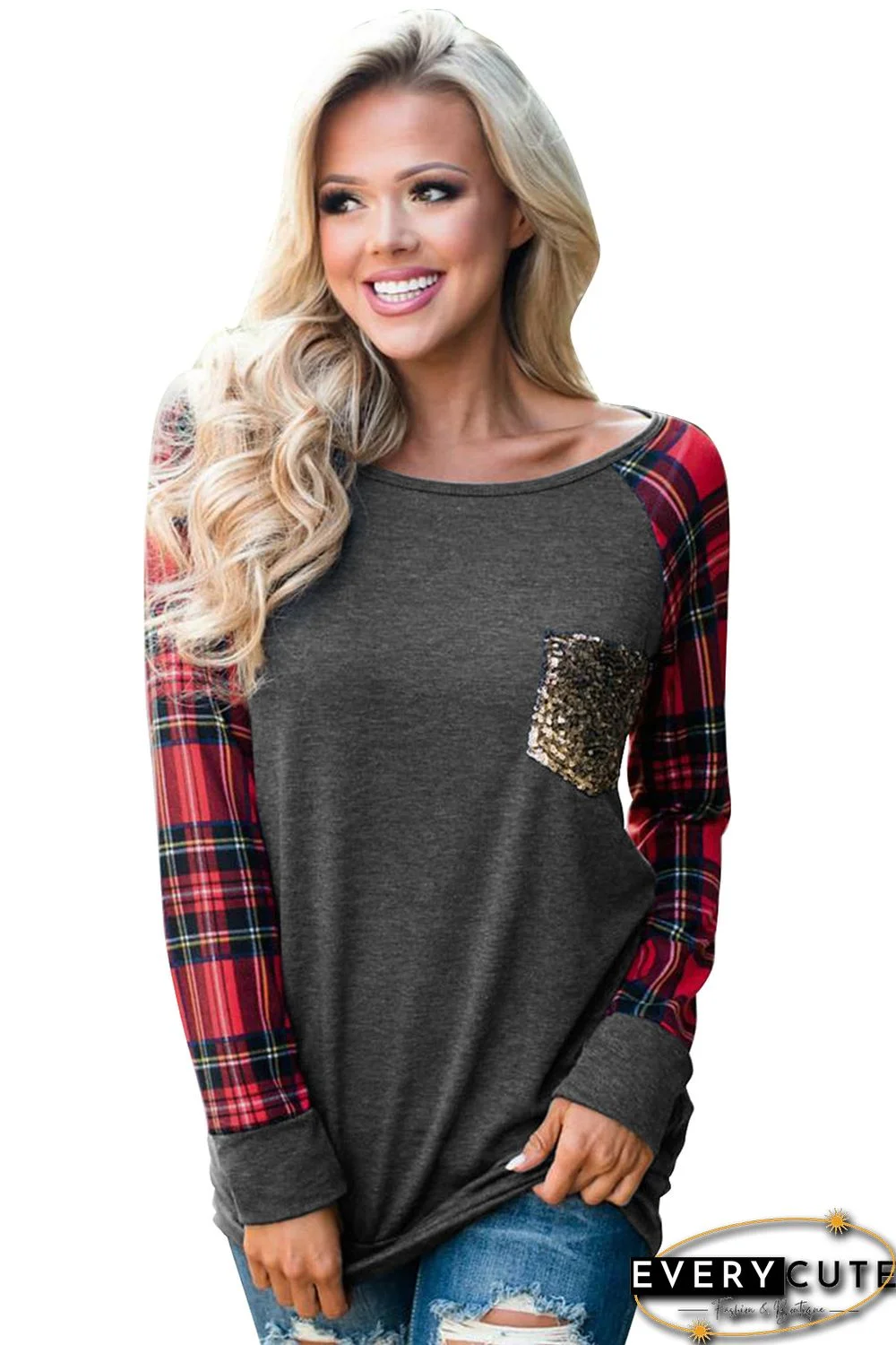 Red Plaid Splicing Sequined Pocket Long Sleeve Top