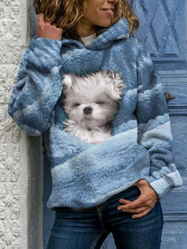 Fashionable Dog Print Hooded Long-Sleeved Sweatshirt