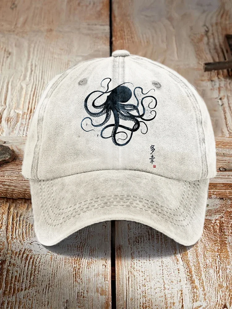 Octopus Japanese Calligraphy Art Washed Cap