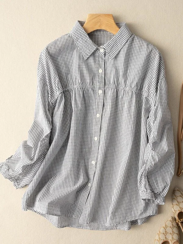 100% Natural Fabric Plaid Literary Retro Commuter Loose Shirt