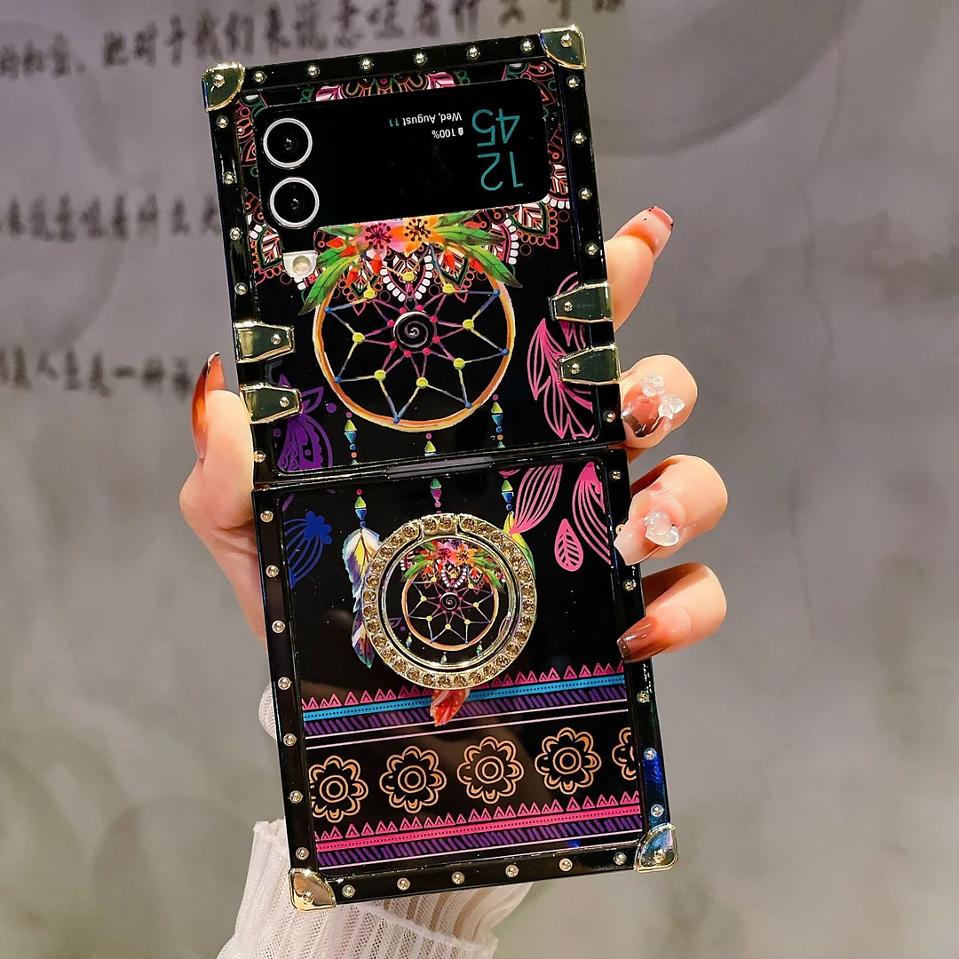 Retro Bohemian Punk Rivet Phone Case With Rotating Metal Ring Kickstand For Galaxy Z Flip3/Z Flip4