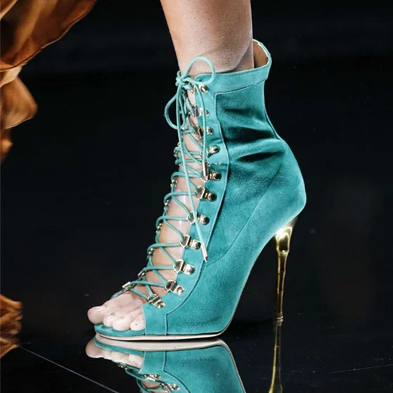 Turquoise Suede Open Toe Lace up Booties Vdcoo