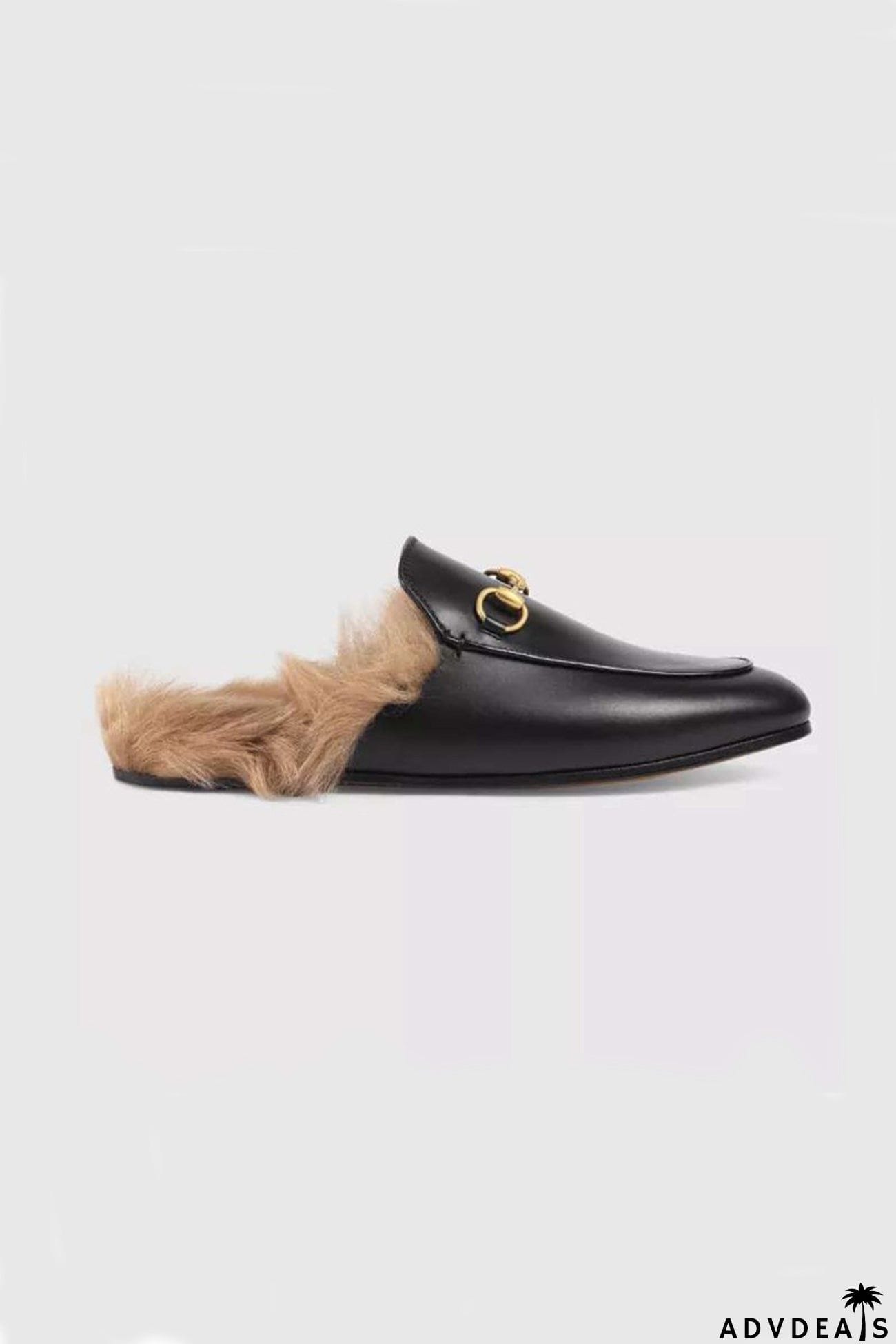 Rabbit Fur Lined Leather Loafer Mules