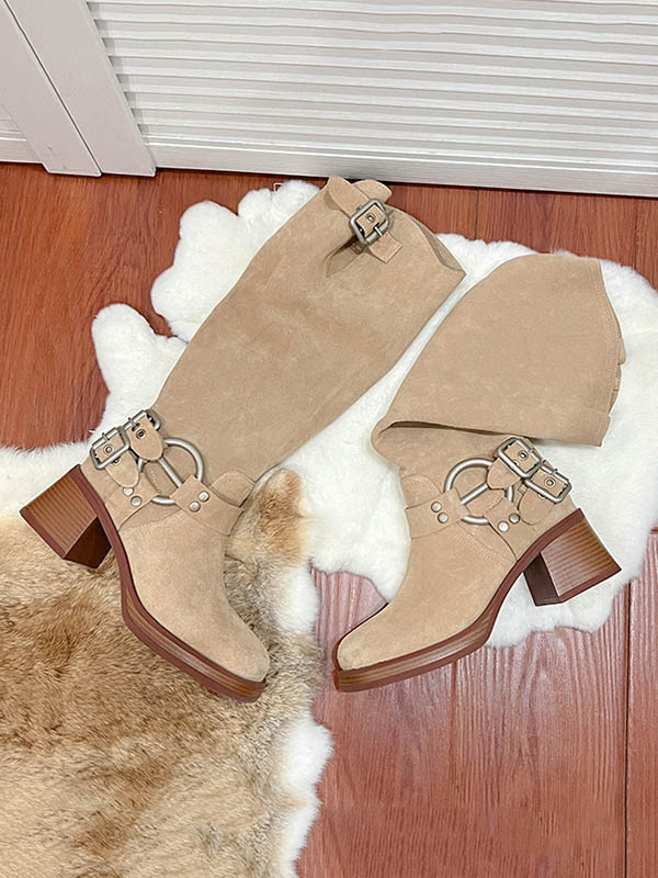 Buckle Round-Toe Split-Joint Velvet Boots Pumps