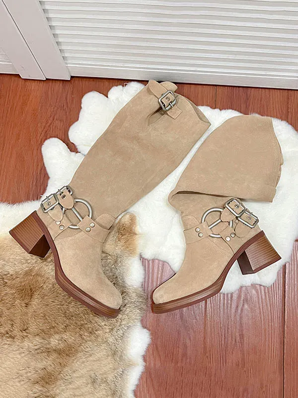 Buckle Round-Toe Split-Joint Velvet Boots Pumps
