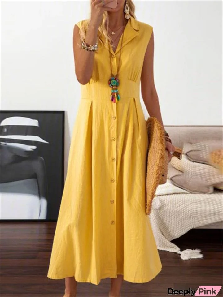 Turn-Down Collar Vintage Linen Sleeveless Long Dresses