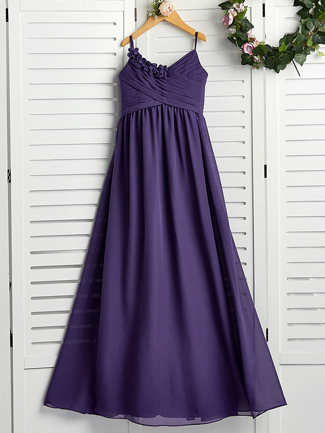 Oknass A Line Spaghetti Strap Floor Length Chiffon Junior Flower Girl Dress With Appliques Ruching