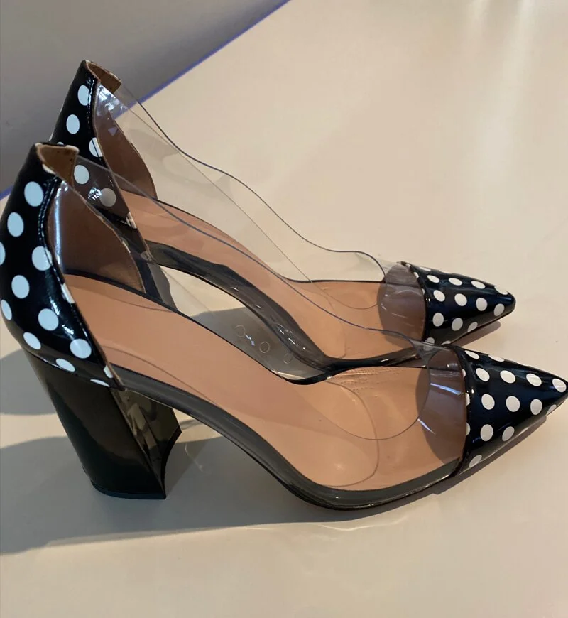 Onlymaker Women's Clear Slip-on Pumps Pointed Toe PVC Chunky Heel Cut-Out Simple Elegant 10CM High Heels Office Big Size Shoes