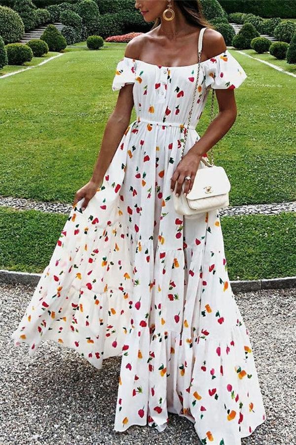 Womens One-shoulder Small Cherry Print Elegant Dress-Allyzone-Allyzone