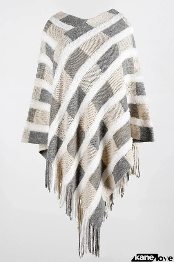 Shawl fringed cape checked sweater
