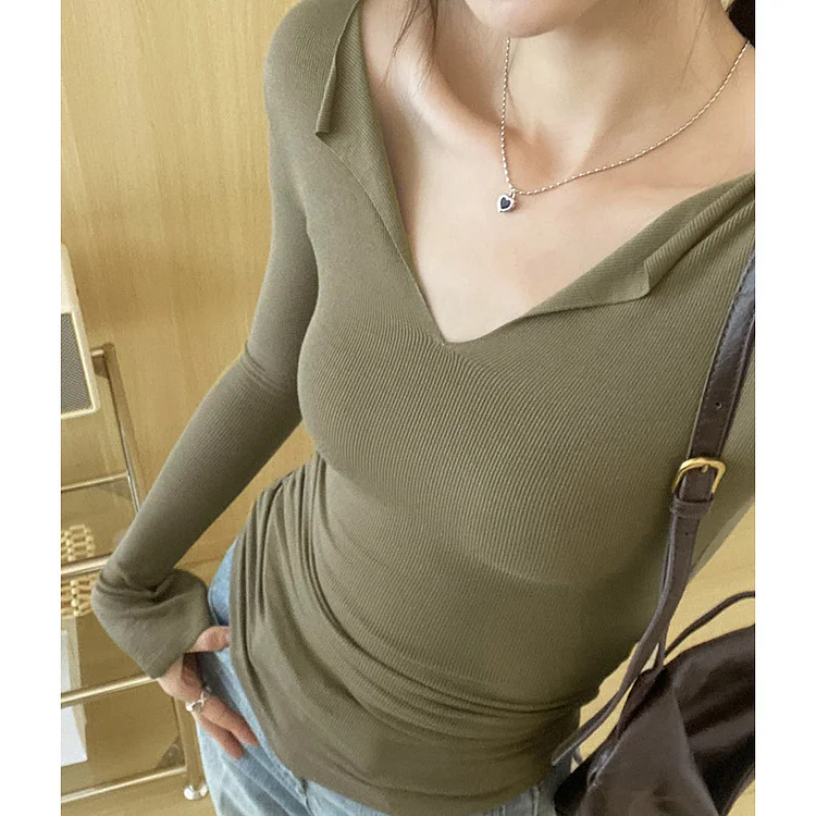 V-Neck Arc Hem Long-Sleeved T-Shirt Top