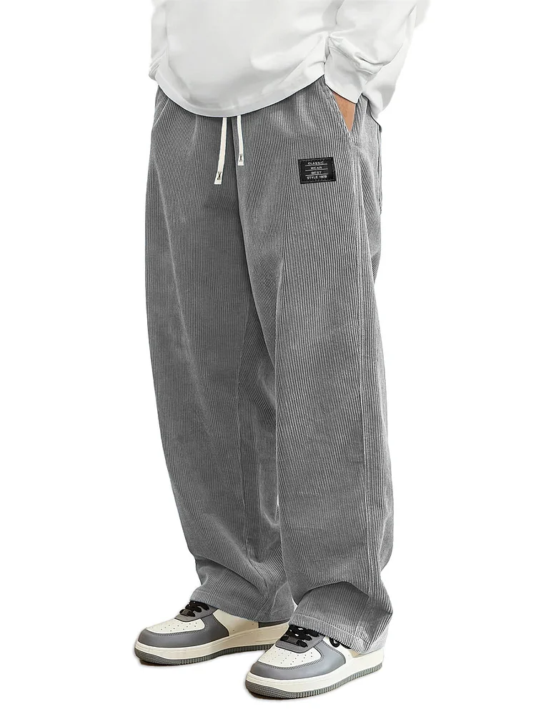 Men's Daily Casual Pit Strip Corduroy Fabric Embroidery Logo Tether Loose Elastic Waist Pocket Pants