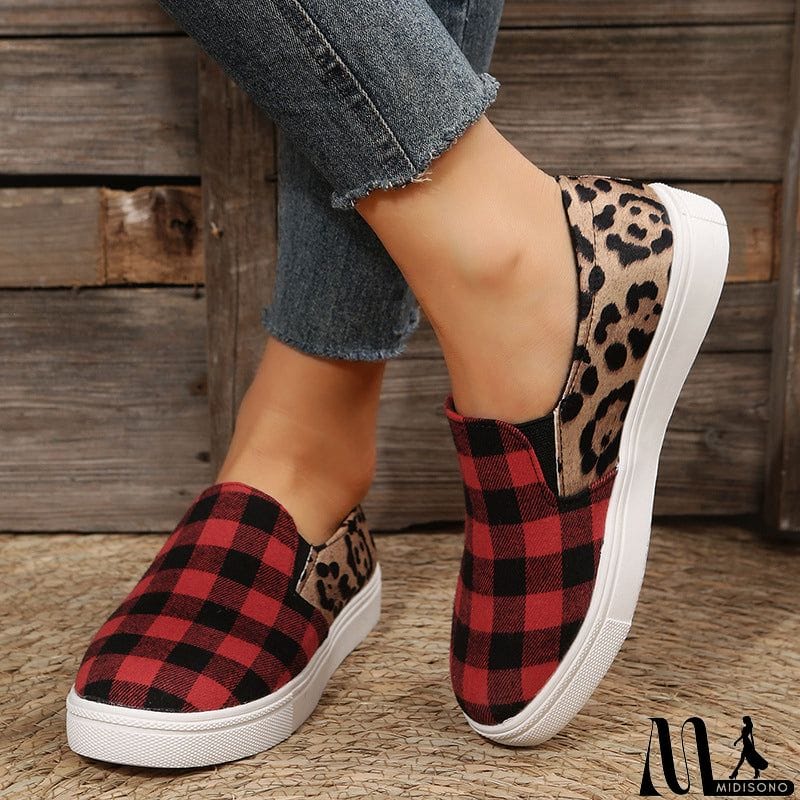 MidiSono - Female Stylish Contrast Color Plaid Print Canvas Shoes