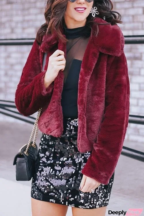 Turndown Collar Faux Fur Short Coat