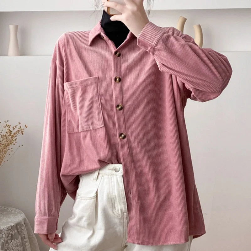 New Women Solid Corduroy Batwing Sleeve Vintage Blouse Turn-Down Collar Loose Top Button Up Pink Shirt Feminina Blusa T9D609T