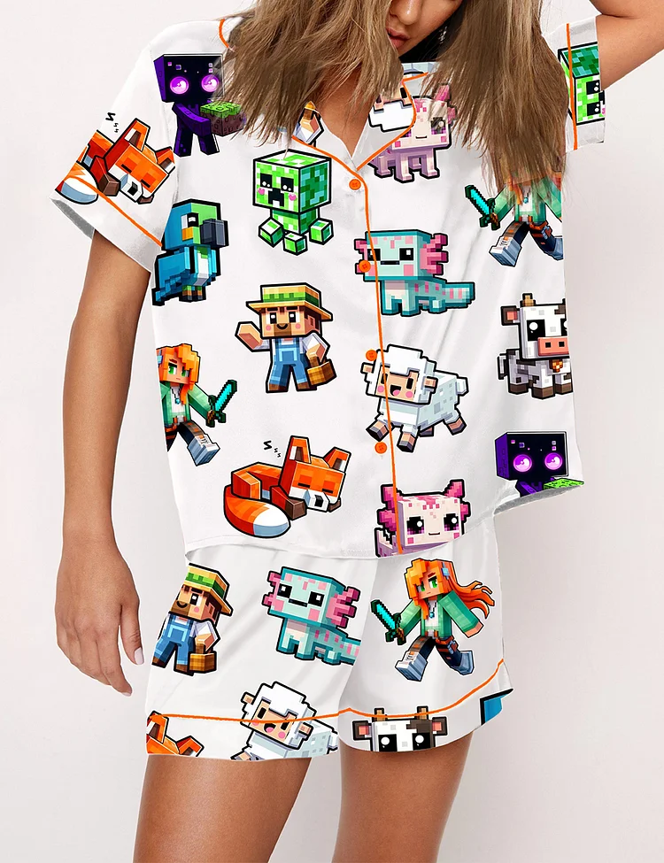 Women's Minecraft Cute Pixel Art Video Game Fan Art Print Pajama Set