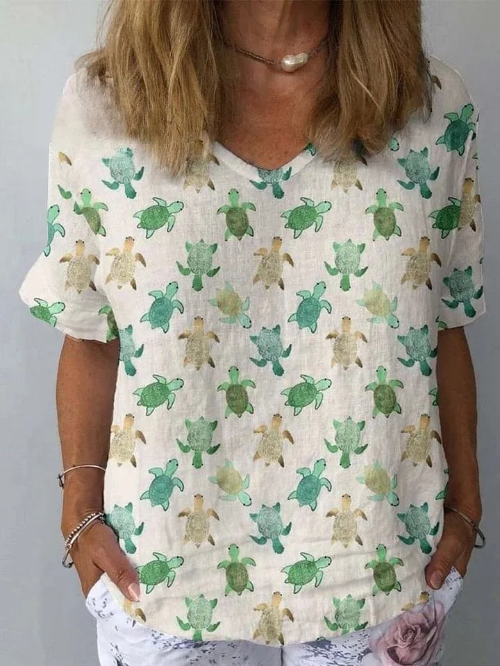 Women's Watercolor Sea Turtle Pattern Print Cotton And Linen Top