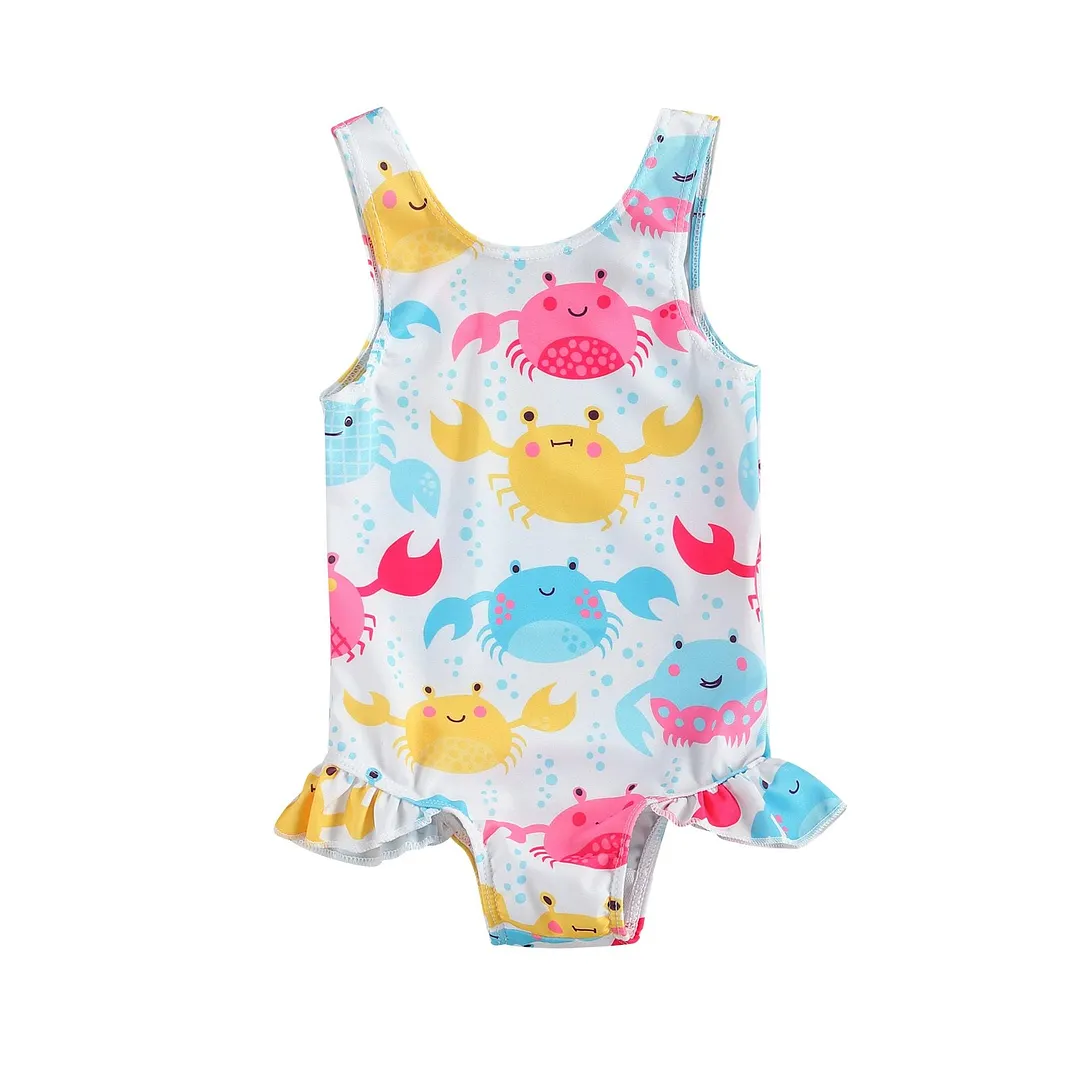 0-3Y Breathable Infant Newborn Girls One-piece Swimsuit, Summer Children Cute Crab/Donut Printing Sleeveless Swimwear Vacation