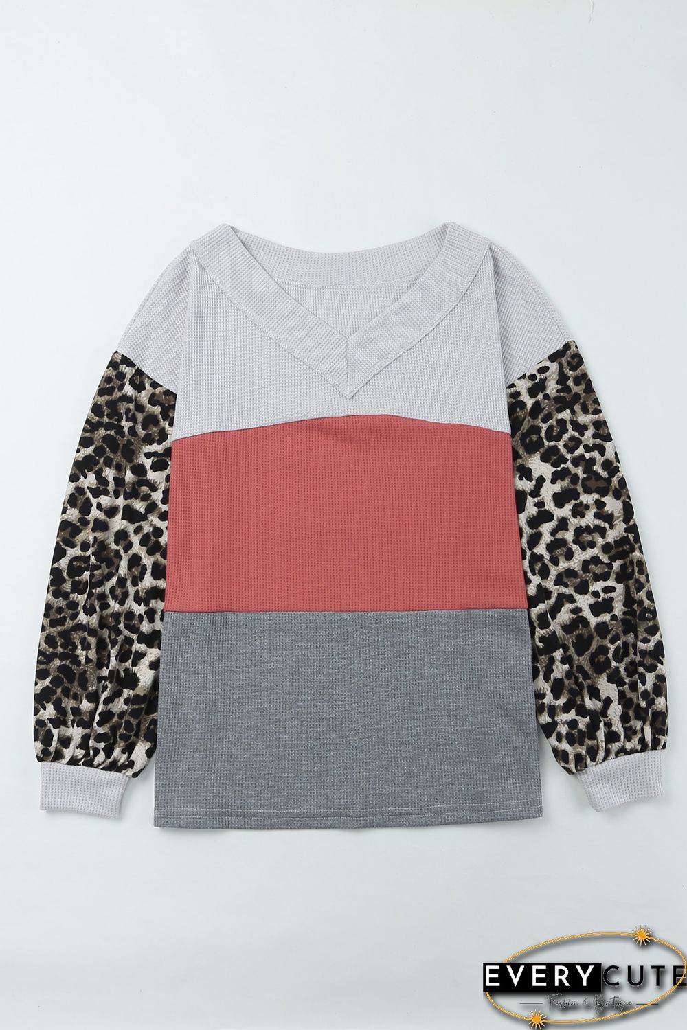 Red Wild Leopard Contrast Sleeve Colorblock Waffle Knit Top