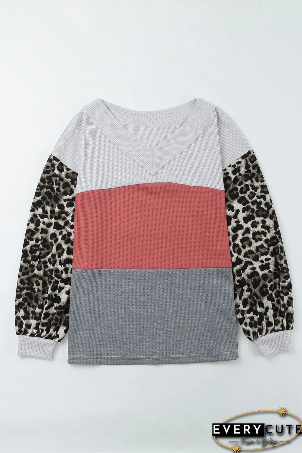 Red Wild Leopard Contrast Sleeve Colorblock Waffle Knit Top