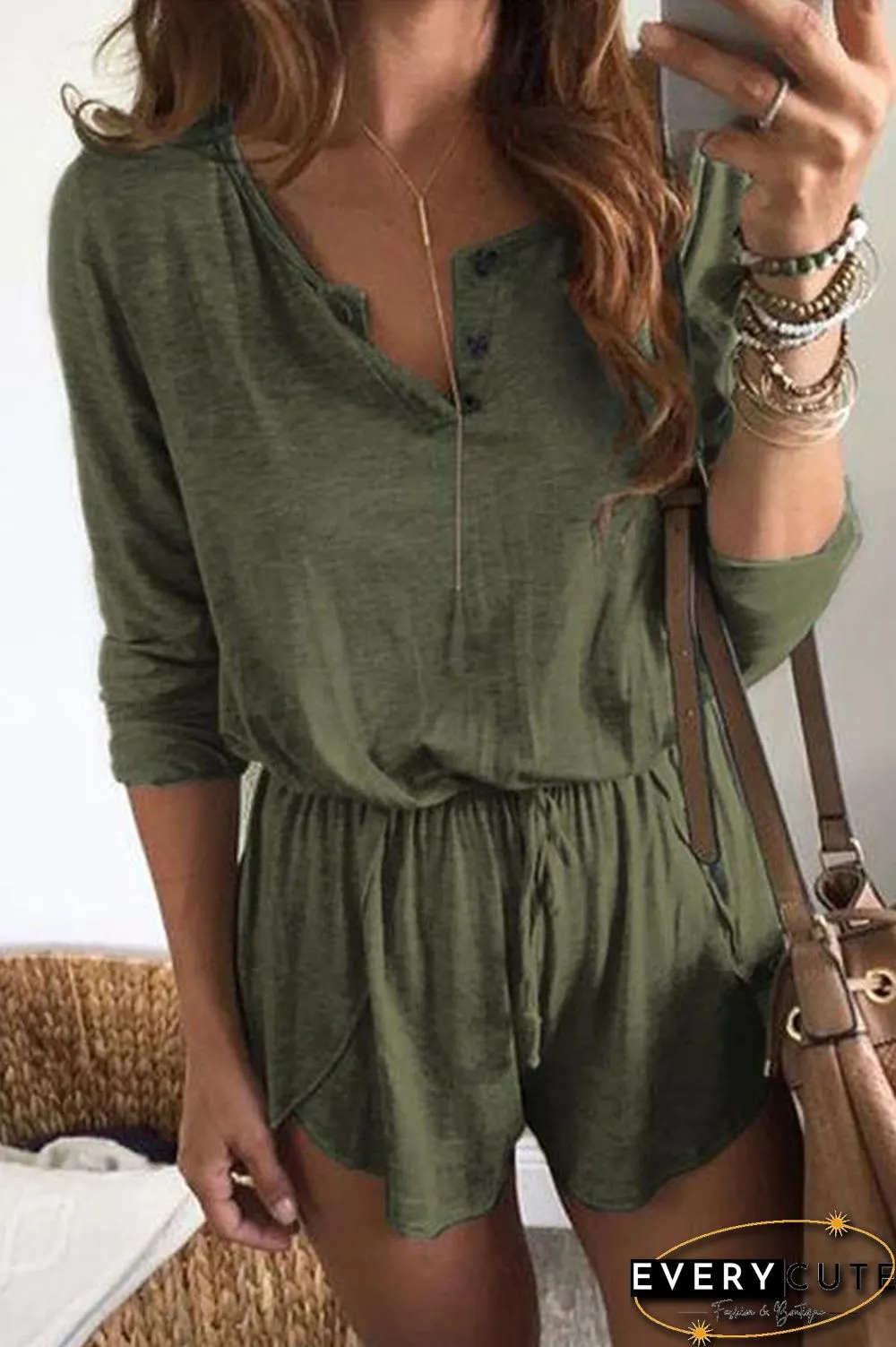 Solid Color Long Sleeve Tie Waist Romper P15010