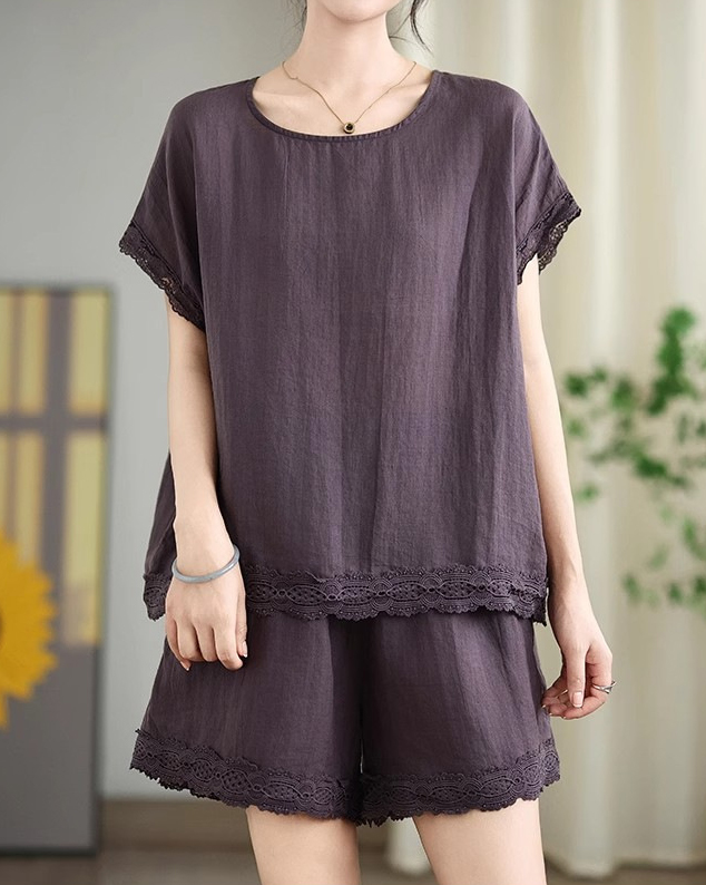 Lace Trim Round Neck Short Sleeve Top & Shorts Set