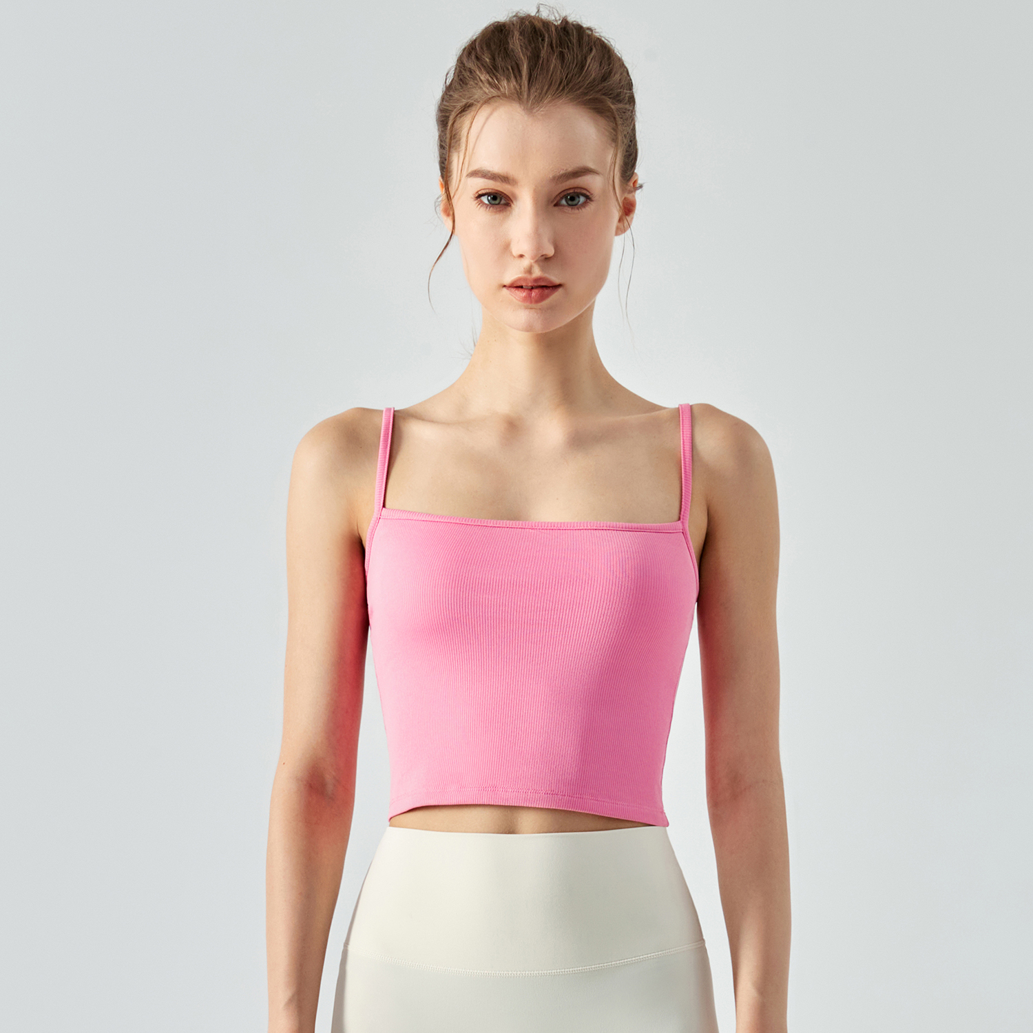 Shop women's slim fitting ribbed camisole gym tank top with removable cups online on Hergymclothing Wild Rose Pink