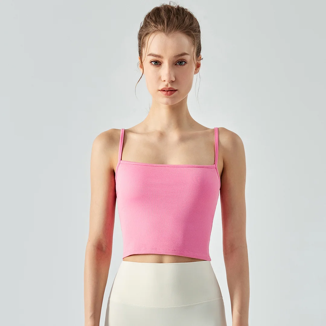 Shop women's slim fitting ribbed camisole gym tank top with removable cups online on Hergymclothing Wild Rose Pink