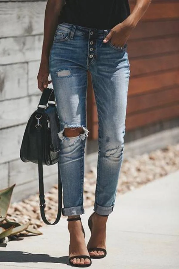 Womens Casual Button Detail Blue Jeans-Allyzone-Allyzone