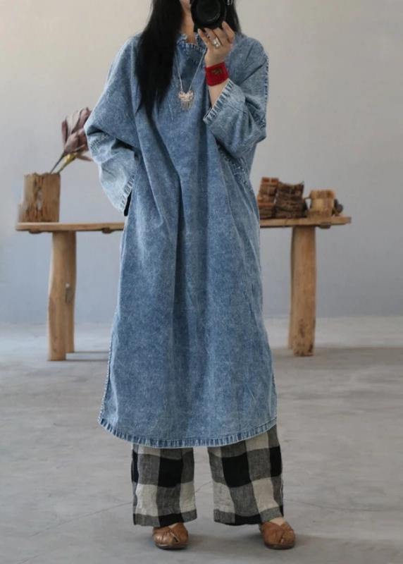 VCSHOES cotton dress Retro Solid Color Frog Denim Blue Loose Dress