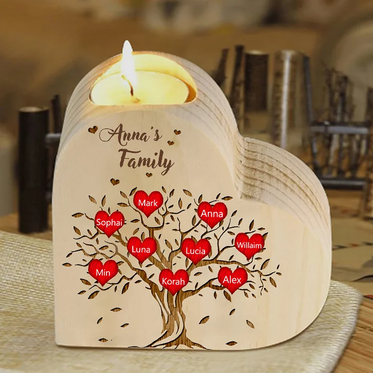 To My Family Wooden Heart Candle Holder Custom 9 Names Family Tree Candlesticks