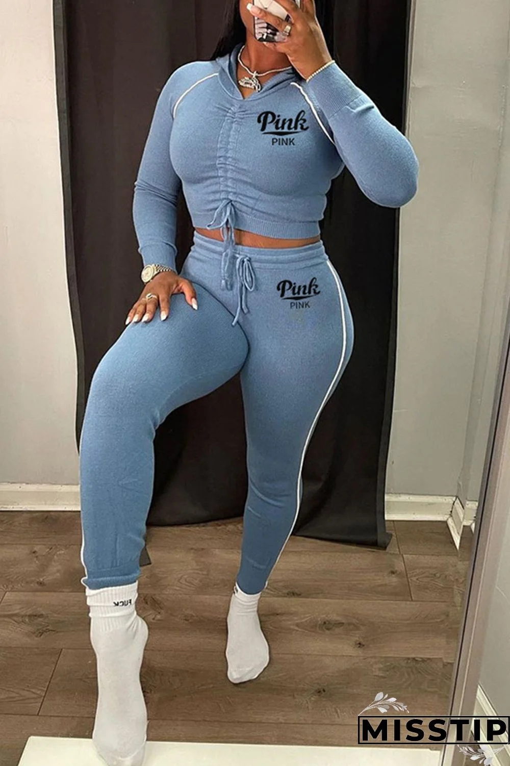 Black Casual Print Patchwork Draw String Fold Hooded Collar Long Sleeve Two Pieces