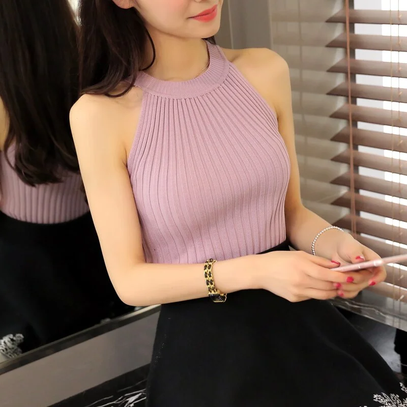 Crop Top Women 2023 Halter Cropped Debardeur Femme Knitted Blouses Cotton Womens Off Shoulder  Tops Woman Clothing Garter
