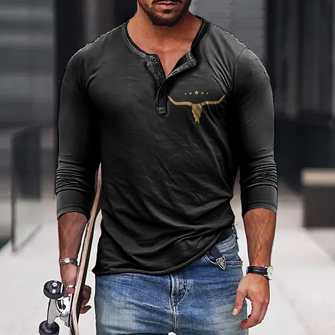 Western Unbutton Star Bull Head Print Long Sleeve T-Shirt