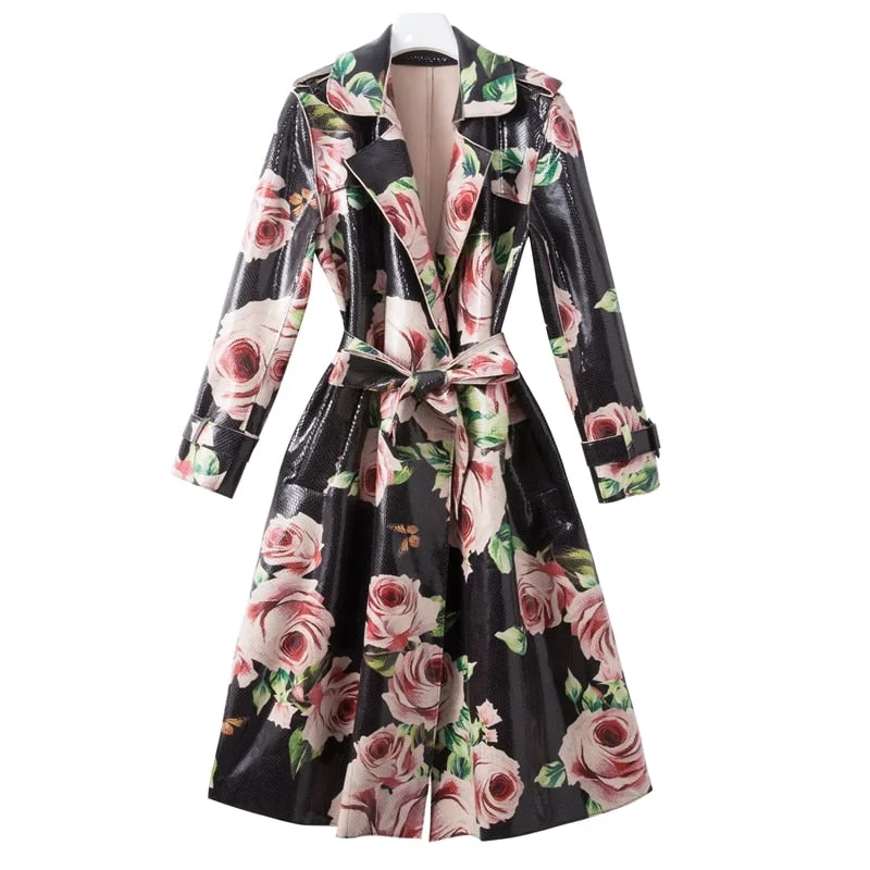 Autumn and winter new women's deerskin velvet fashion rose print large lapel long sleeve lace up windbreaker coat