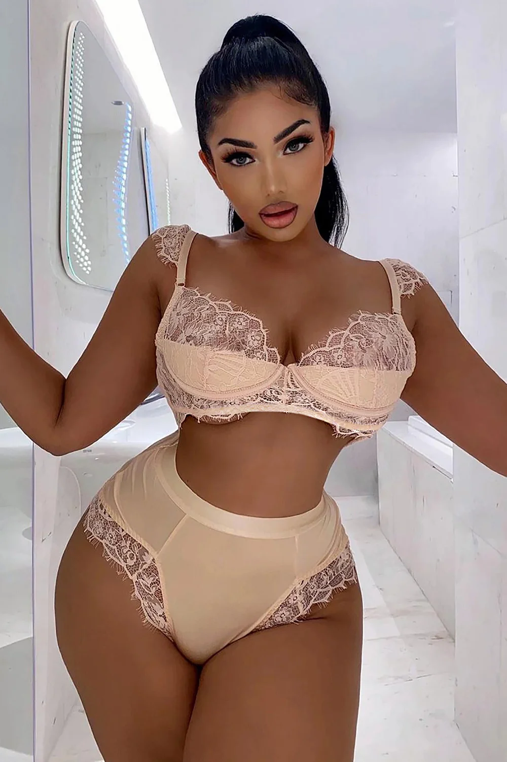 Billionm Lingerie For Women 2 Pieces Lace Patchwork Intimo See-Through Bra High Waist Panties Seamless Fancy Underwear