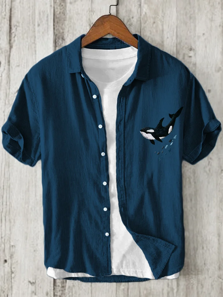 Killer Whale Embroidery Art Linen Blend Shirt