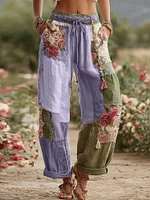 Love & Health Collection Retro Rose And Floral Patchwork Art Linen Pants - Image 6