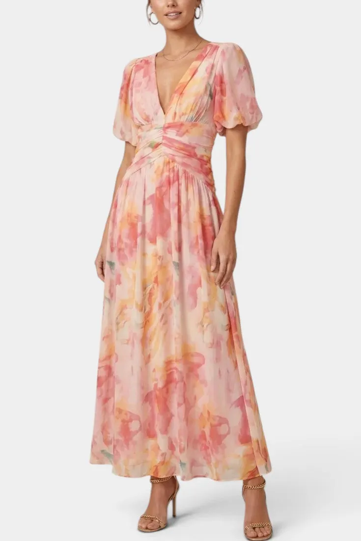 V-Neck Watercolor Floral Maxi Dress with Puff Sleeves