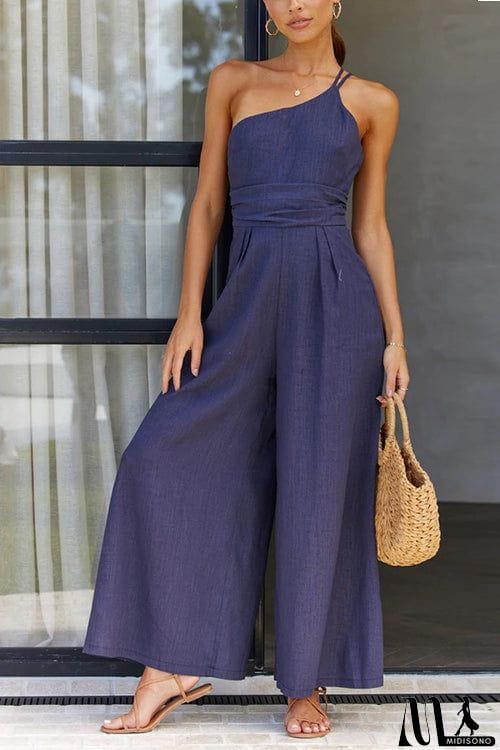 MidiSono - One Shoulder Straps Wide Leg Jumpsuits