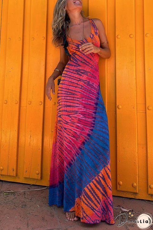 Back Criss Cross Sleeveless Color Block Tie Dye Maxi Dress