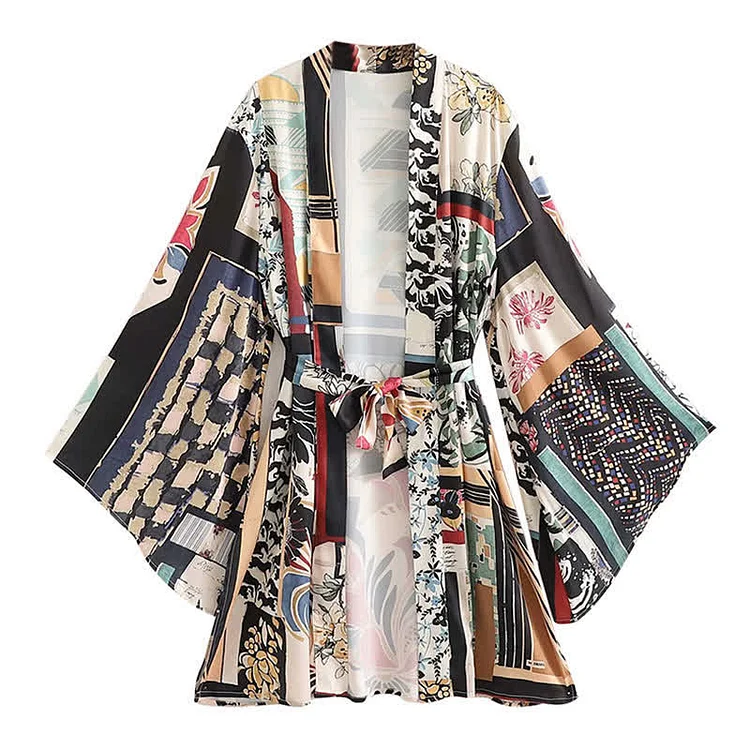 Colorblock Vintage Print Cardigan Kimono Outerwear Wide Leg Pants - Modakawa modakawa