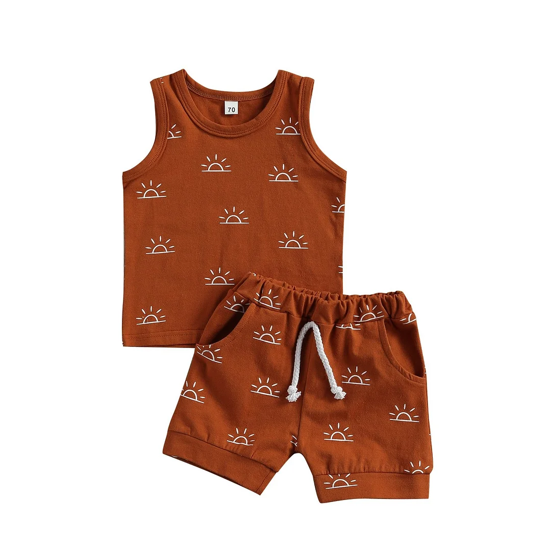 2021 Baby Summer Clothing Newborn Baby 2-piece Outfit Set Fashion Sun Print Tank Top Shirt +Shorts Set for Kids Boys Girls
