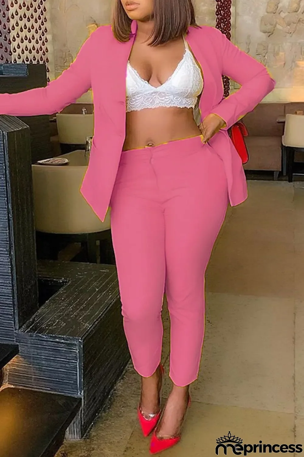 Yellow Fashion Casual Solid Cardigan Pants Turn-back Collar Long Sleeve Two Pieces